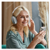 Smartphone mit geöffneter Musik-Playlist und Kopfhörern daneben